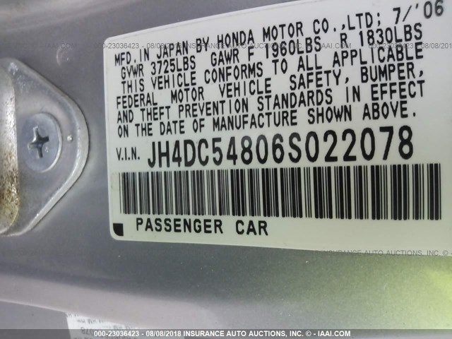 JH4DC54806S022078 - 2006 ACURA RSX SILVER photo 9