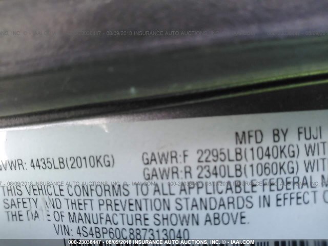 4S4BP60C887313040 - 2008 SUBARU OUTBACK GRAY photo 9