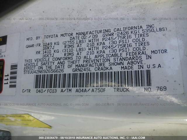 5TEUU42N69Z656626 - 2009 TOYOTA TACOMA ACCESS CAB Ақ фото 9