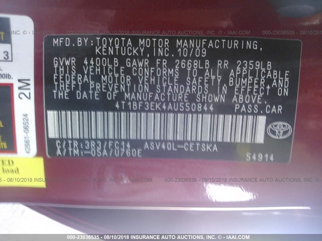 4T1BF3EK4AU550844 - 2010 TOYOTA CAMRY SE/LE/XLE 红色 照片 9