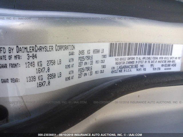 1J4GW48NX4C361965 - 2004 JEEP GRAND CHEROKEE LAREDO/COLUMBIA/FREEDOM 银色 照片 9