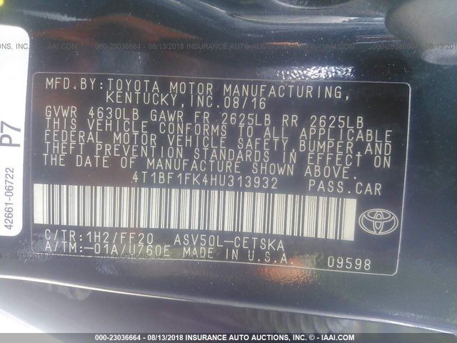 4T1BF1FK4HU313932 - 2017 TOYOTA CAMRY LE/XLE/SE/XSE 深蓝色 照片 9