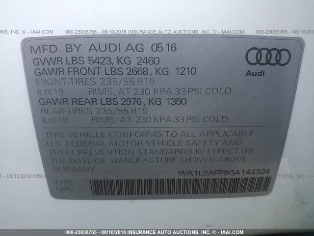 WA1L2AFP9GA144324 - 2016 AUDI Q5 PREMIUM PLUS WHITE photo 9