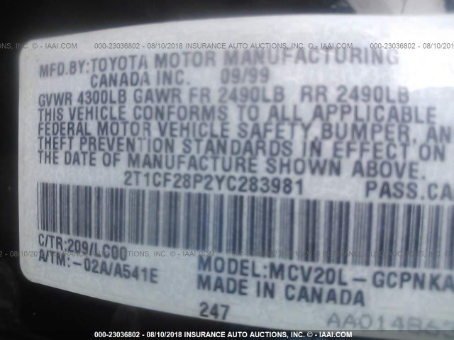 2T1CF28P2YC283981 - 2000 TOYOTA CAMRY SOLARA SE/SLE BLACK photo 9