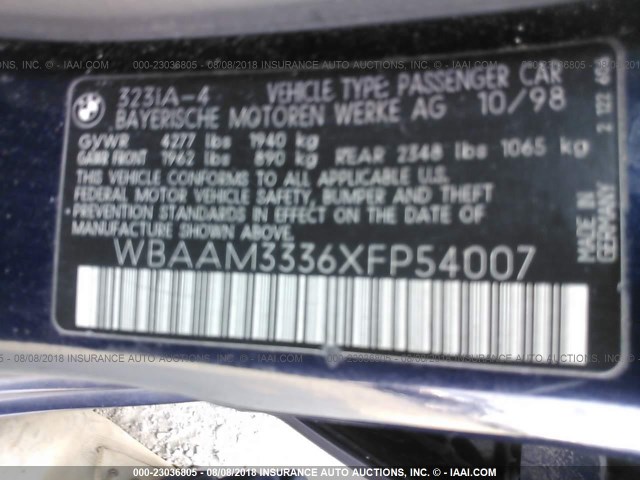 WBAAM3336XFP54007 - 1999 BMW 323 I AUTOMATIC Navy photo 9