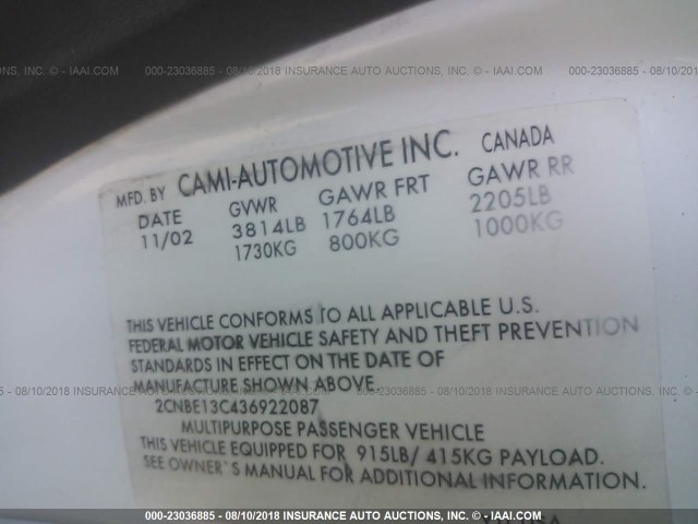 2CNBE13C436922087 - 2003 CHEVROLET TRACKER WHITE photo 9