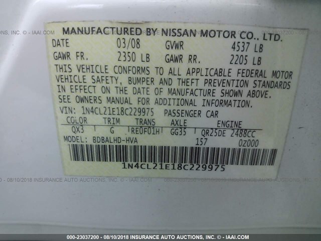 1N4CL21E18C229975 - 2008 NISSAN ALTIMA HYBRID WHITE photo 9