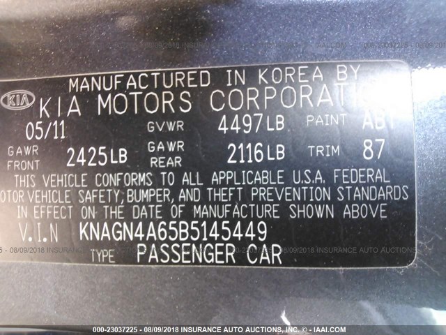 KNAGN4A65B5145449 - 2011 KIA OPTIMA EX/SX GRAY photo 9