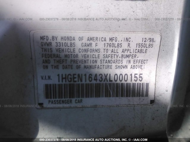 1HGEN1643XL000155 - 1999 HONDA CIVIC GX WHITE photo 9