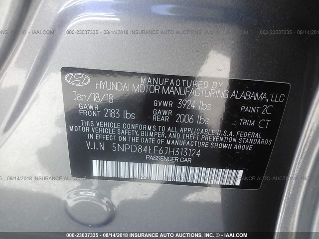 5NPD84LF6JH313124 - 2018 HYUNDAI ELANTRA SEL/VALUE/LIMITED GRAY photo 9