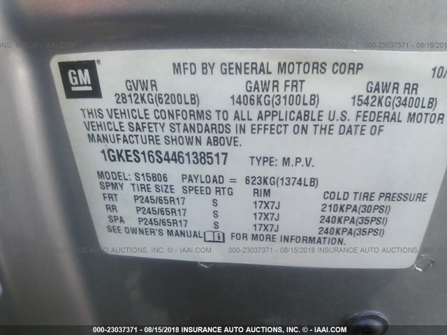 1GKES16S446138517 - 2004 GMC ENVOY XL SILVER photo 9