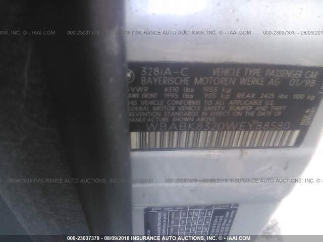 WBABK8320WEY88580 - 1998 BMW 328 IC AUTOMATIC SILVER photo 9