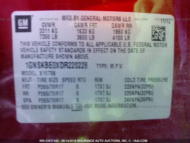 1GNSKBE0XDR220228 - 2013 CHEVROLET TAHOE K1500 LT RED photo 9