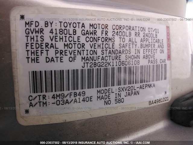 JT2BG22K110606108 - 2001 TOYOTA CAMRY CE/LE/XLE 金色 照片 9