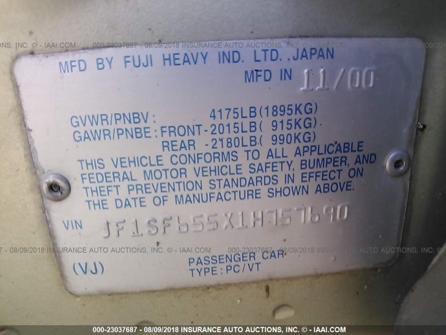 JF1SF655X1H757690 - 2001 SUBARU FORESTER S 香槟色 照片 9