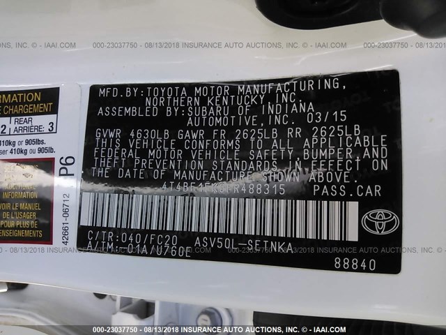 4T4BF1FK6FR488315 - 2015 TOYOTA CAMRY LE/XLE/SE/XSE WHITE photo 9