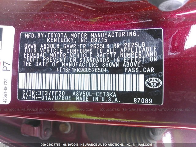 4T1BF1FK9GU526504 - 2016 TOYOTA CAMRY LE/XLE/SE/XSE RED photo 9