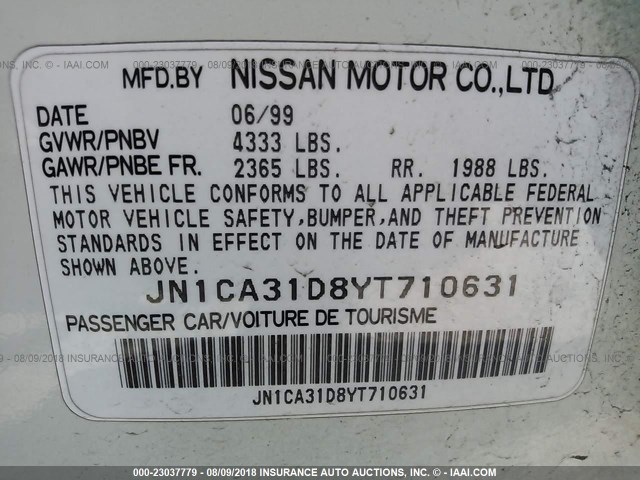 JN1CA31D8YT710631 - 2000 NISSAN MAXIMA GLE/GXE/SE WHITE photo 9