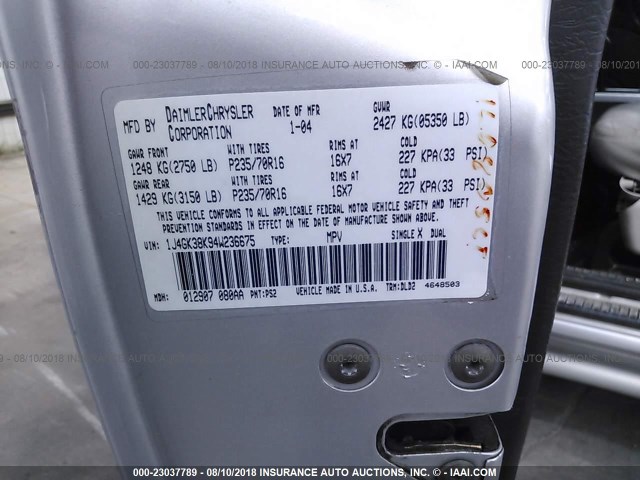 1J4GK38K94W236675 - 2004 JEEP LIBERTY RENEGADE SILVER photo 9