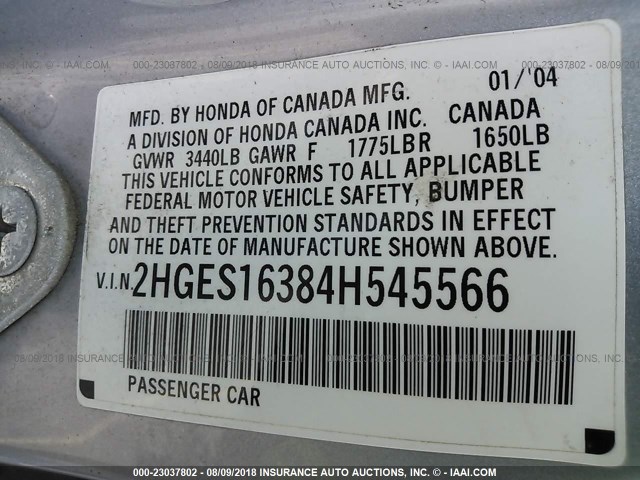 2HGES16384H545566 - 2004 HONDA CIVIC DX VP Gümüş foto 9