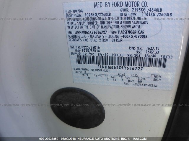 1LNHM86SX5Y616727 - 2005 LINCOLN LS 白色 照片 9