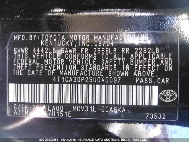 4T1CA30P25U040097 - 2005 TOYOTA CAMRY SOLARA SE/SLE Qara foto 9