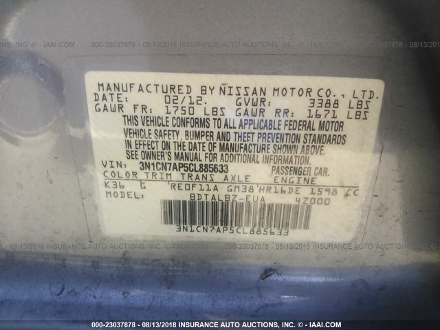 3N1CN7AP5CL885633 - 2012 NISSAN VERSA S/SV/SL GRAY photo 9