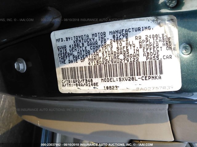 4T1BG22K9WU279122 - 1998 TOYOTA CAMRY CE/LE/XLE 绿色 照片 9