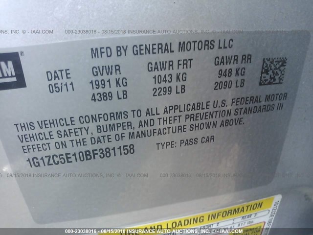 1G1ZC5E10BF381158 - 2011 CHEVROLET MALIBU 1LT 银色 照片 9