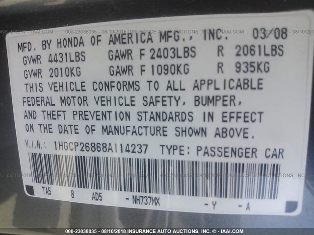 1HGCP26868A114237 - 2008 HONDA ACCORD EXL GRAY photo 9