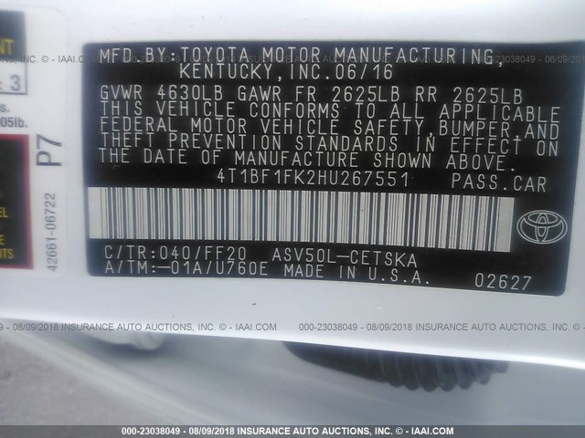 4T1BF1FK2HU267551 - 2017 TOYOTA CAMRY LE/XLE/SE/XSE 白色 照片 9