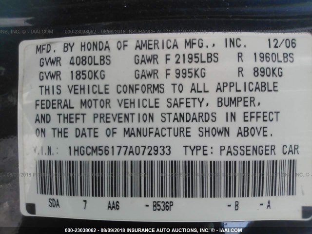 1HGCM56177A072933 - 2007 HONDA ACCORD VALUE BLUE photo 9