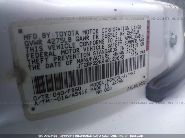 JT2BF22K8W0122690 - 1998 TOYOTA CAMRY CE/LE/XLE 白色 照片 9