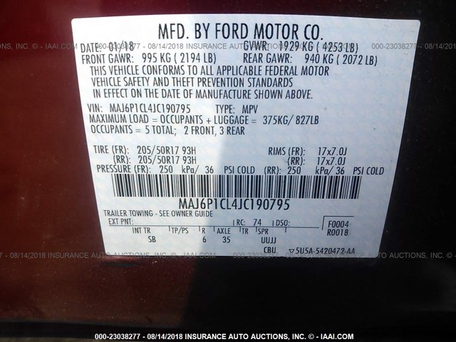 MAJ6P1CL4JC190795 - 2018 FORD ECOSPORT SES RED photo 9