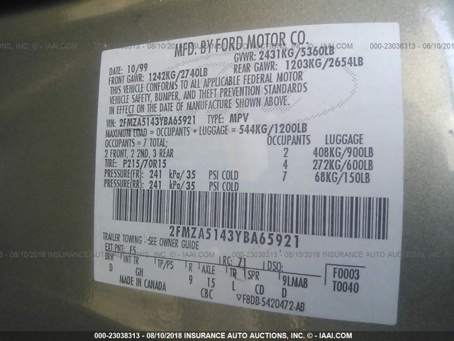 2FMZA5143YBA65921 - 2000 FORD WINDSTAR LX GREEN photo 9