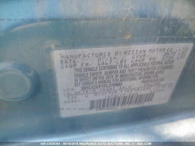 3N1CE2CP7FL370900 - 2015 NISSAN VERSA NOTE S/S PLUS/SV/SL/SR BLUE photo 9