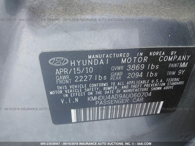 KMHDU4AD9AU060704 - 2010 HYUNDAI ELANTRA BLUE/GLS/SE GRAY photo 9