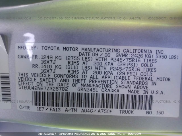 5TEUU42N67Z328782 - 2007 TOYOTA TACOMA ACCESS CAB Күміс фото 9