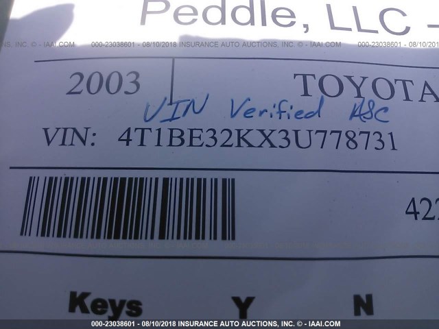 4T1BE32KX3U778731 - 2003 TOYOTA CAMRY LE/XLE/SE Boz foto 9