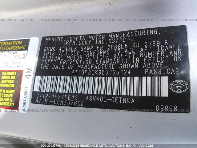 4T1BF3EK8BU135124 - 2011 TOYOTA CAMRY SE/LE/XLE SILVER photo 9