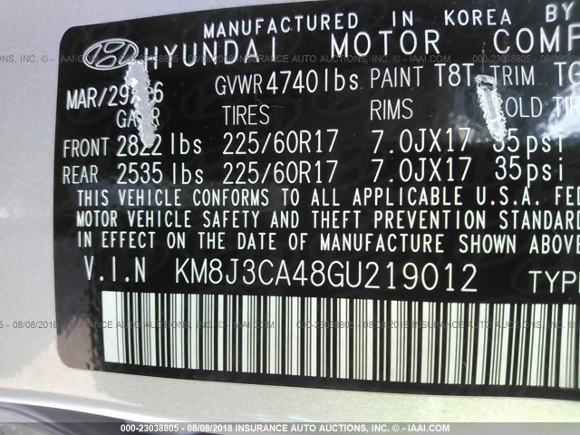 KM8J3CA48GU219012 - 2016 HYUNDAI TUCSON LIMITED/SPORT AND ECO/SE SILVER photo 9