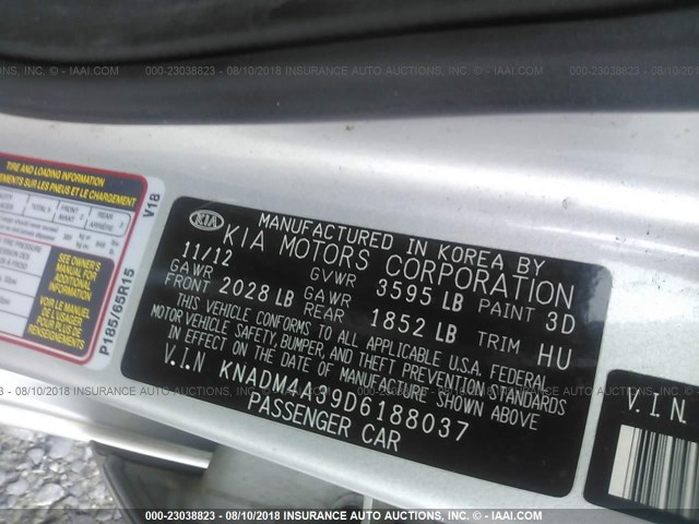 KNADM4A39D6188037 - 2013 KIA RIO LX SILVER photo 9