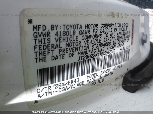 JT2BG22K1X0356670 - 1999 TOYOTA CAMRY LE/XLE WHITE photo 9