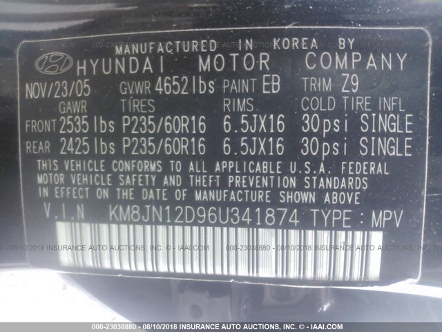 KM8JN12D96U341874 - 2006 HYUNDAI TUCSON GLS/LIMITED BLACK photo 9