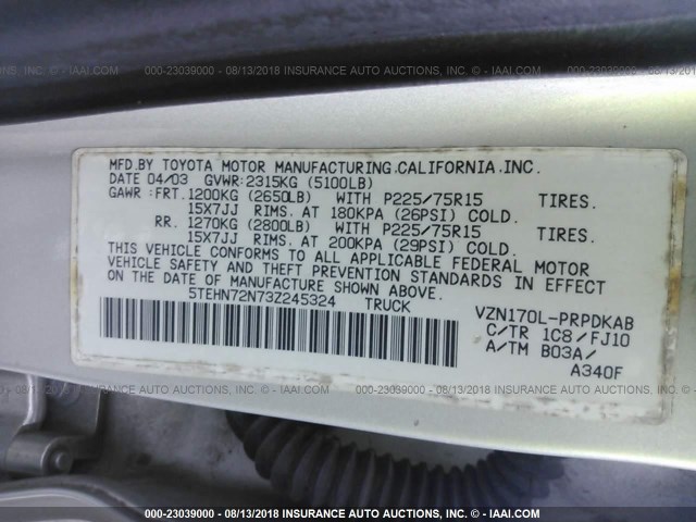 5TEHN72N73Z245324 - 2003 TOYOTA TACOMA DOUBLE CAB ვერცხლისფერი ფოტო 9