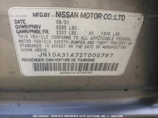 JN1DA31A72T000797 - 2002 NISSAN MAXIMA GLE/SE GRAY photo 9