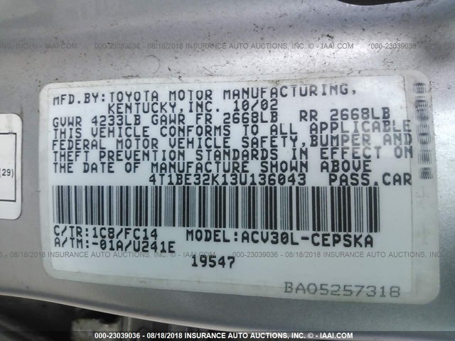 4T1BE32K13U136043 - 2003 TOYOTA CAMRY LE/XLE/SE 银色 照片 9