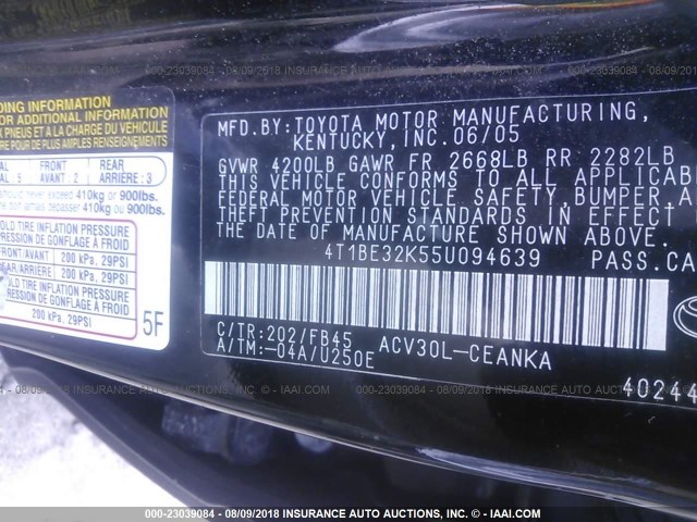 4T1BE32K55U094639 - 2005 TOYOTA CAMRY LE/XLE/SE Qara foto 8