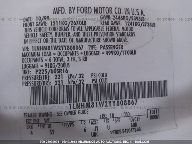 1LNHM81W2YY808867 - 2000 LINCOLN TOWN CAR EXECUTIVE WHITE photo 9