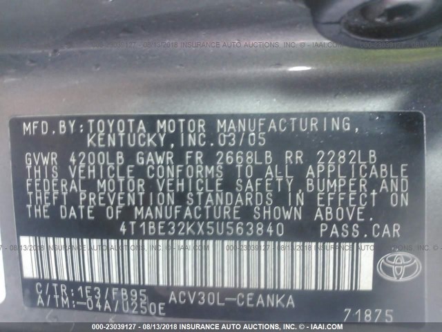 4T1BE32KX5U563840 - 2005 TOYOTA CAMRY LE/XLE/SE Qəhvəyi foto 9